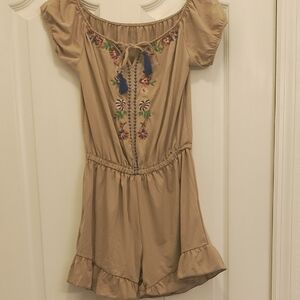 Poof! Beige Embroidered Tassel Short Romper